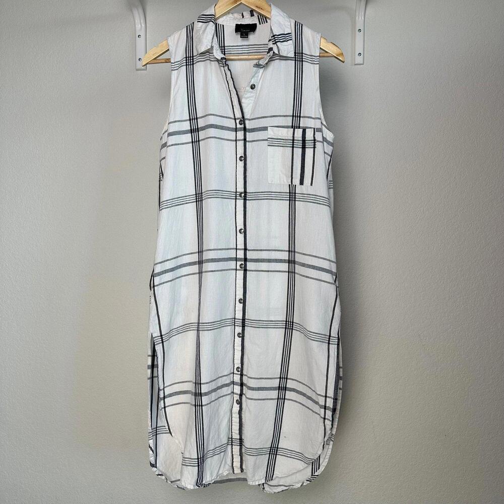 S Womens Lumiere Button Down Sleeveless Shirt Dress Top w/ Pockets White Black